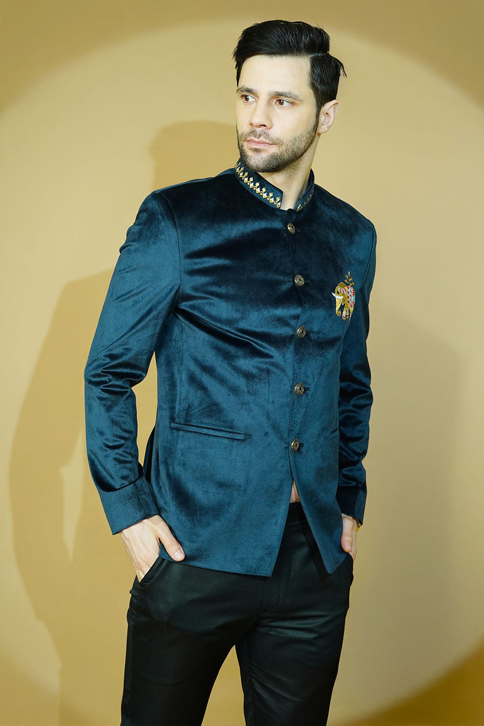 Velvet Embroidered Navy Blue Bandhgala