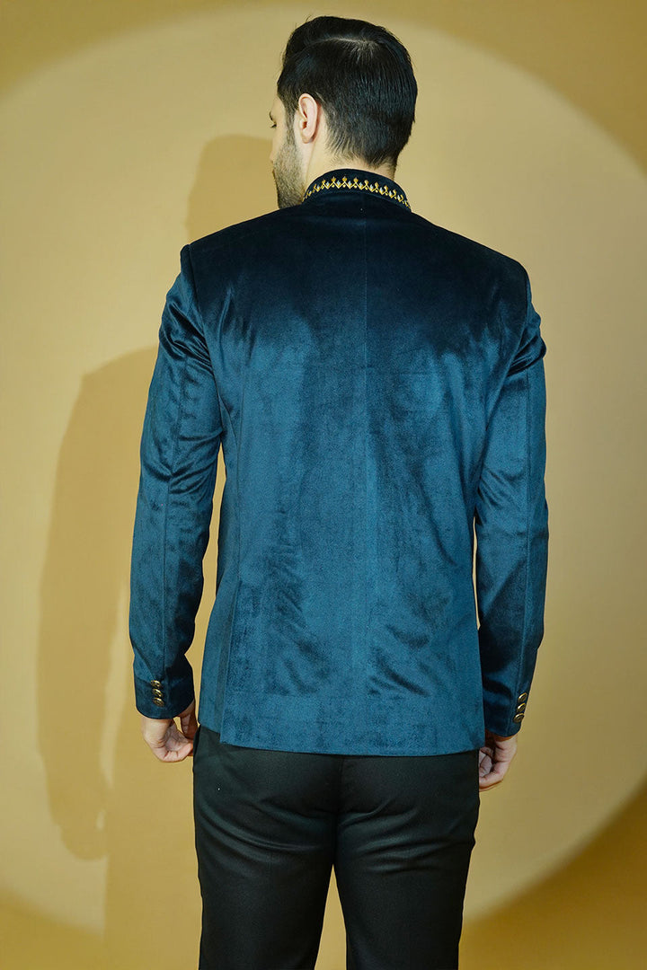 Velvet Embroidered Navy Blue Bandhgala