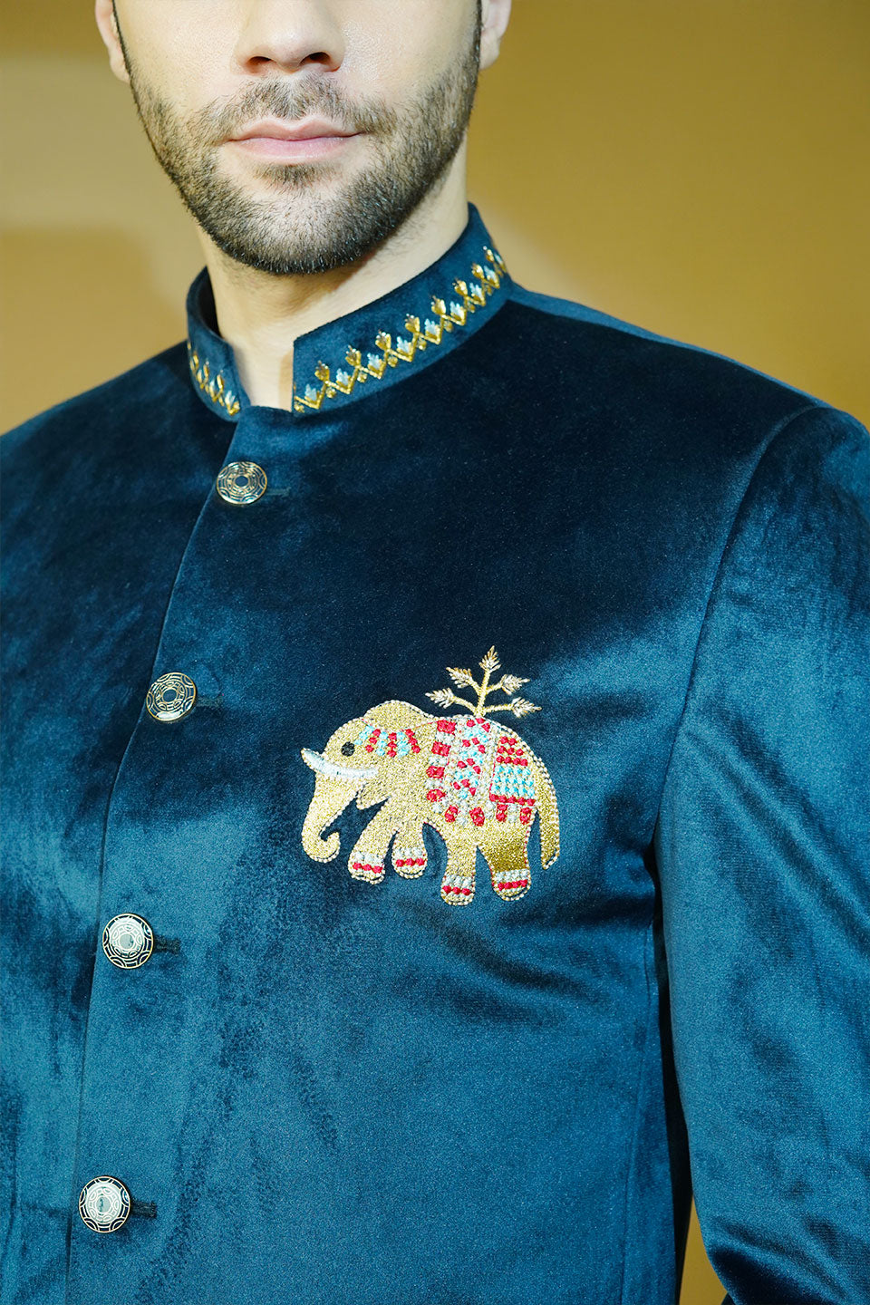 Velvet Embroidered Navy Blue Bandhgala