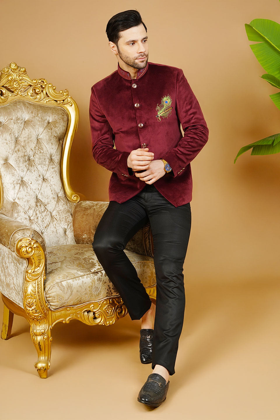 Velvet Embroidered Red Bandhgala