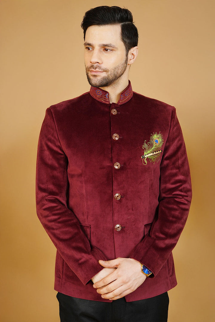 Velvet Embroidered Red Bandhgala