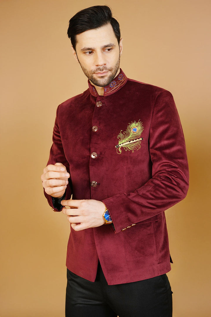 Velvet Embroidered Red Bandhgala
