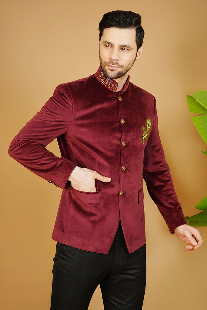 Velvet Embroidered Red Bandhgala