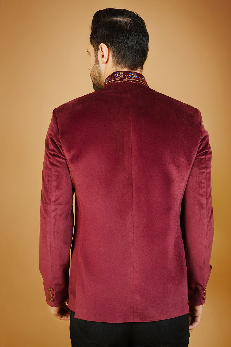 Velvet Embroidered Red Bandhgala