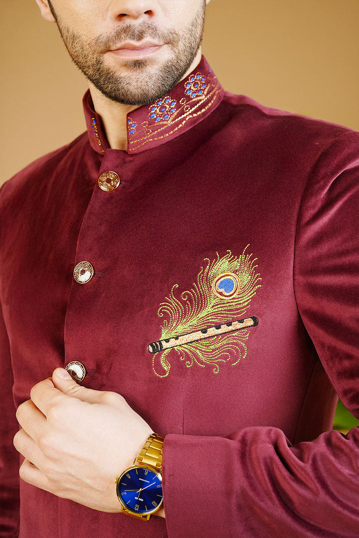 Velvet Embroidered Red Bandhgala