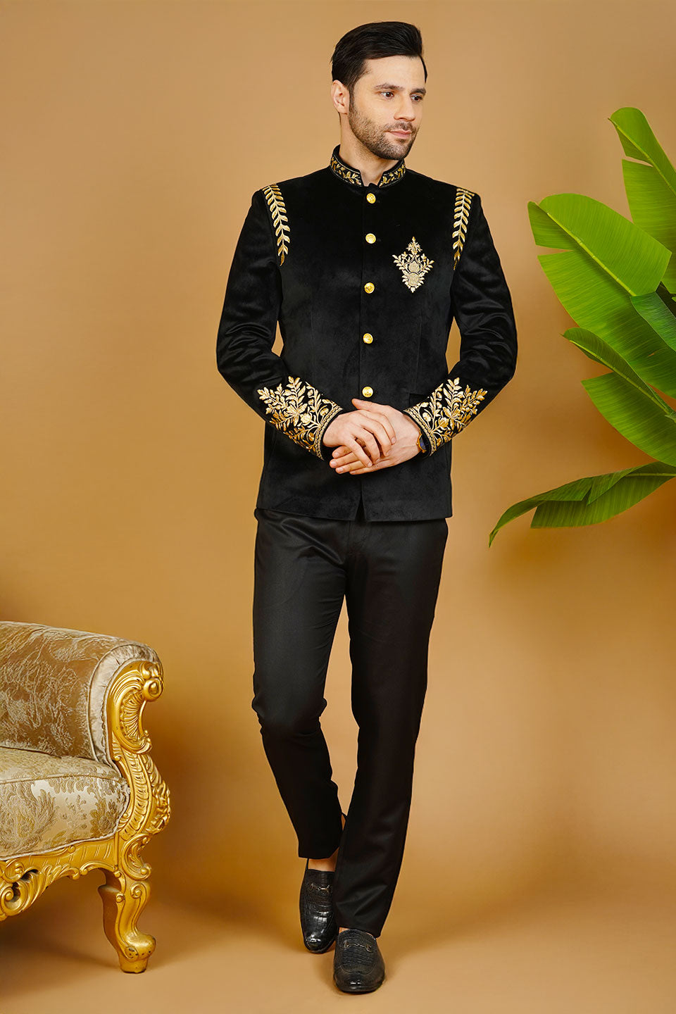 Velvet Embroidered Black Bandhgala