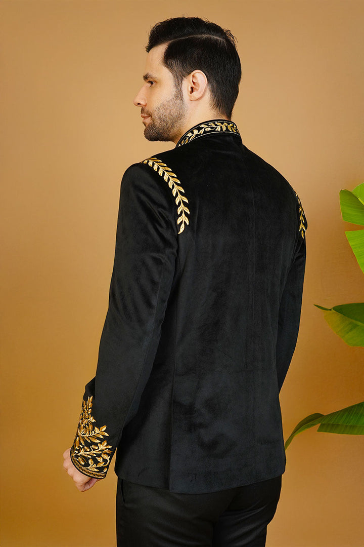 Velvet Embroidered Black Bandhgala