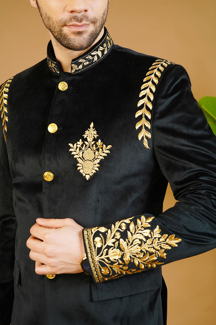Velvet Embroidered Black Bandhgala