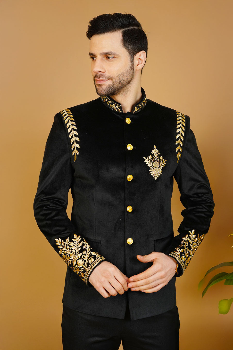 Velvet Embroidered Black Bandhgala