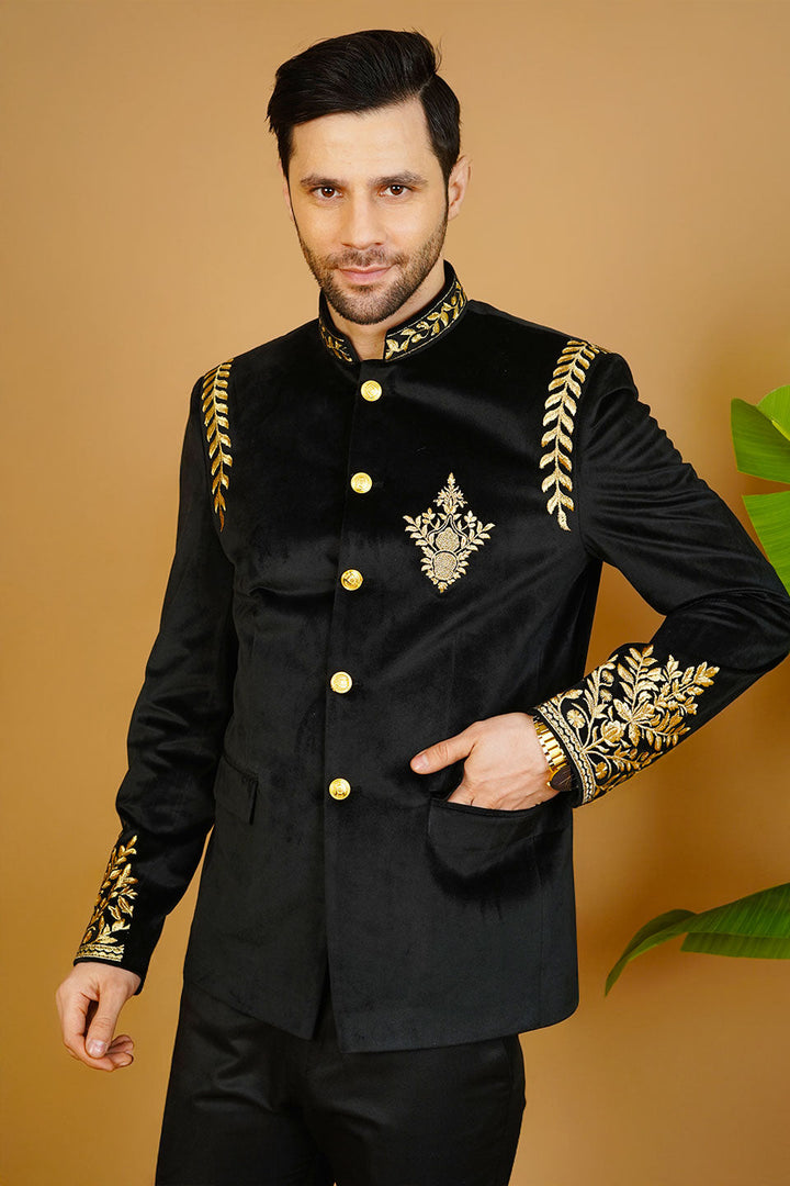 Velvet Embroidered Black Bandhgala