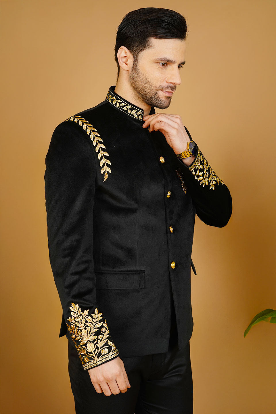 Velvet Embroidered Black Bandhgala