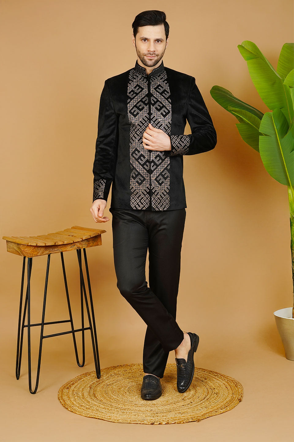 Velvet Embroidered Black Bandhgala