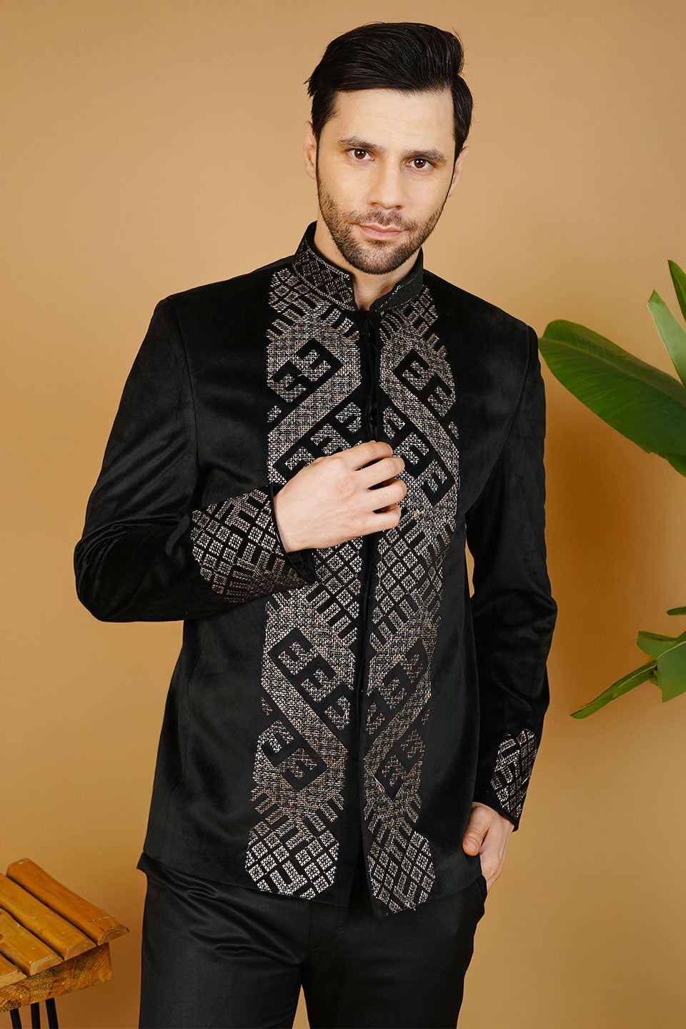 Velvet Embroidered Black Bandhgala