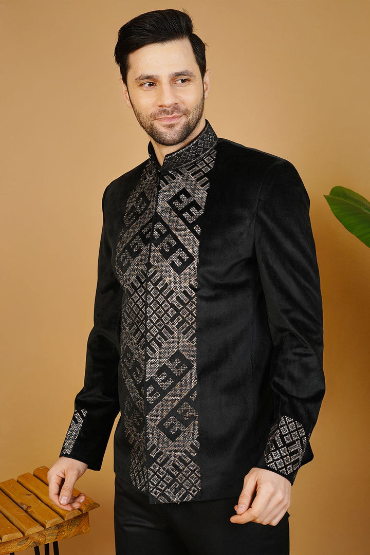 Velvet Embroidered Black Bandhgala