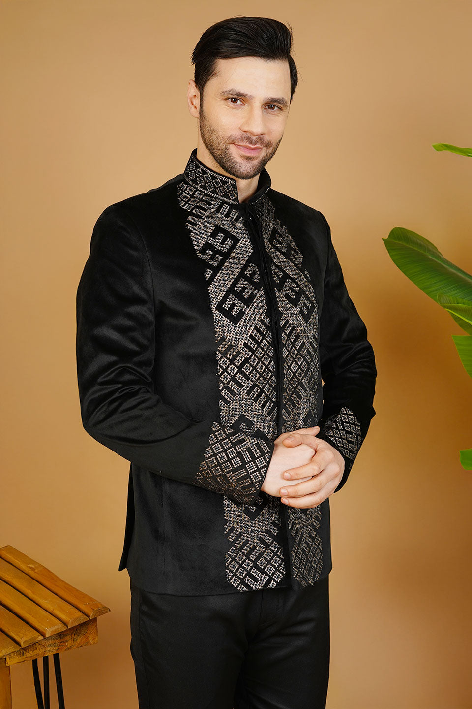 Velvet Embroidered Black Bandhgala