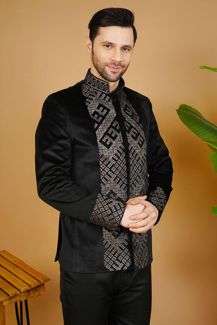 Velvet Embroidered Black Bandhgala