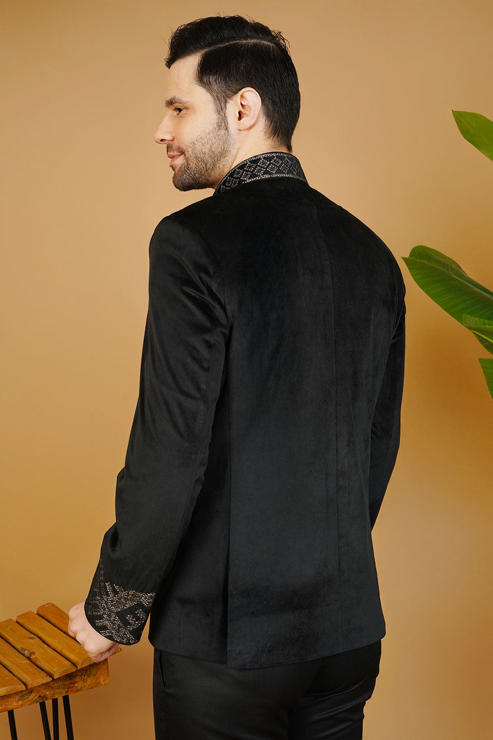 Velvet Embroidered Black Bandhgala