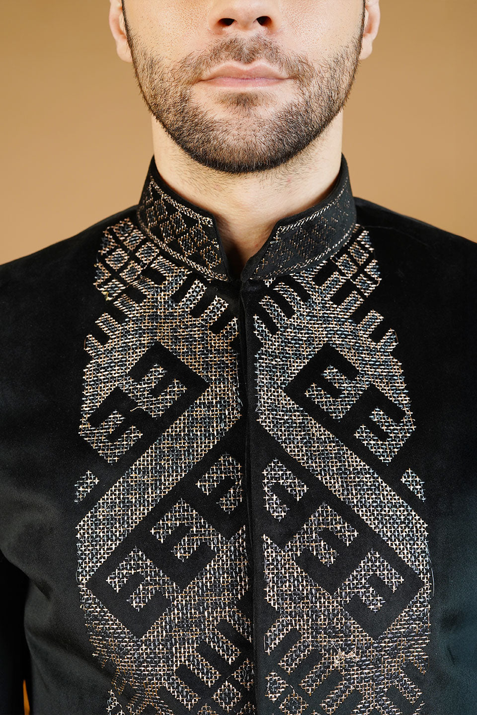 Velvet Embroidered Black Bandhgala