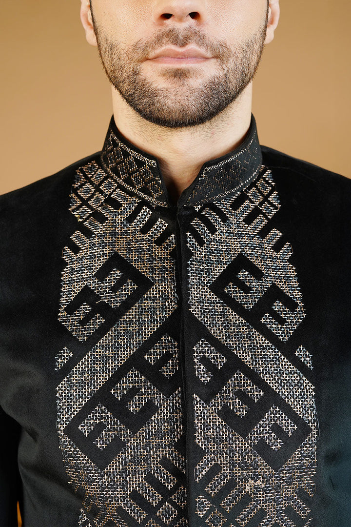 Velvet Embroidered Black Bandhgala