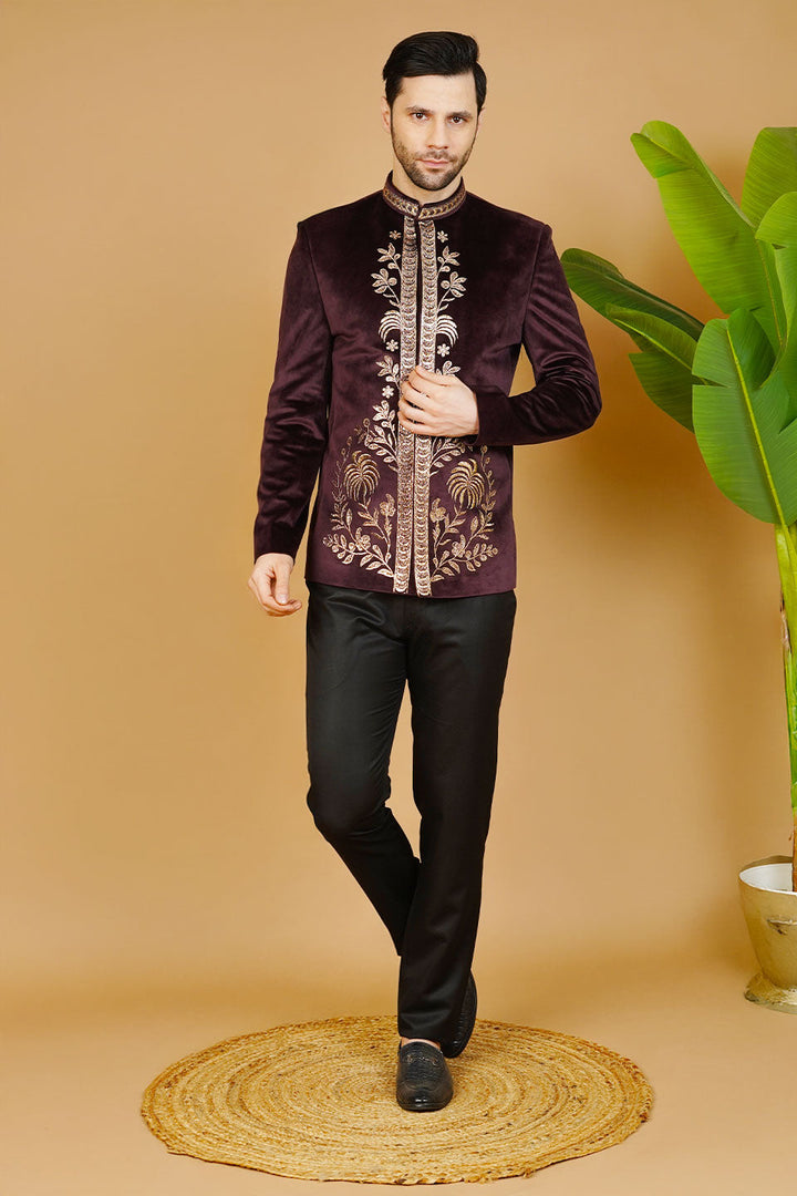 Velvet Embroidered Wine Bandhgala