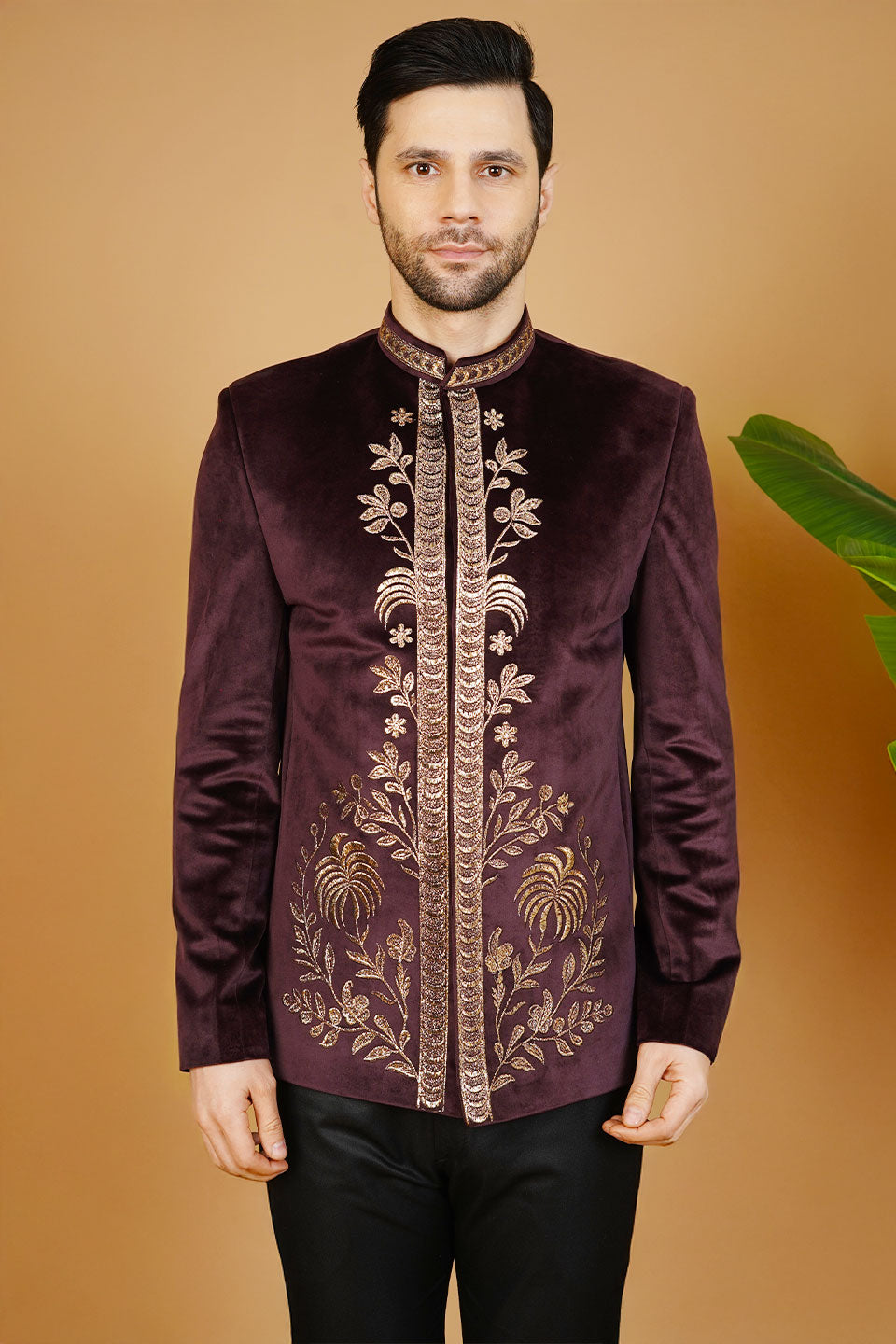 Velvet Embroidered Wine Bandhgala