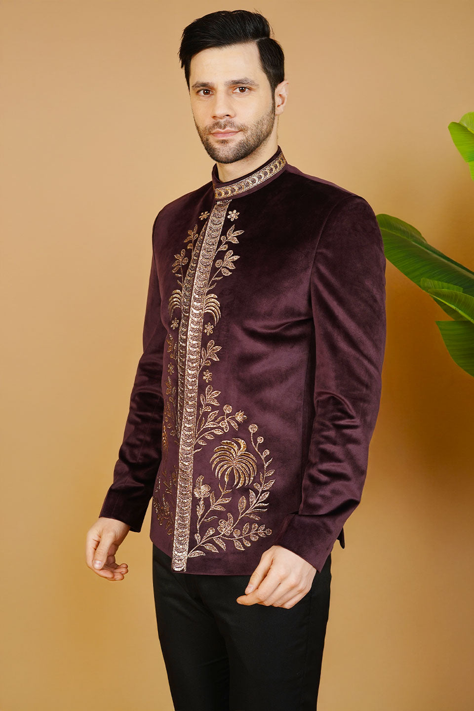 Velvet Embroidered Wine Bandhgala