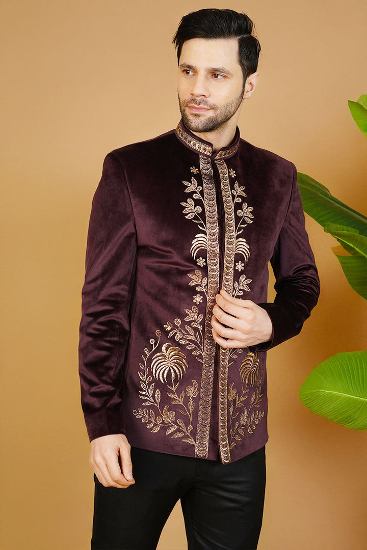 Velvet Embroidered Wine Bandhgala