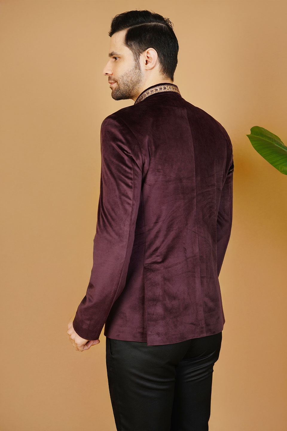 Velvet Embroidered Wine Bandhgala