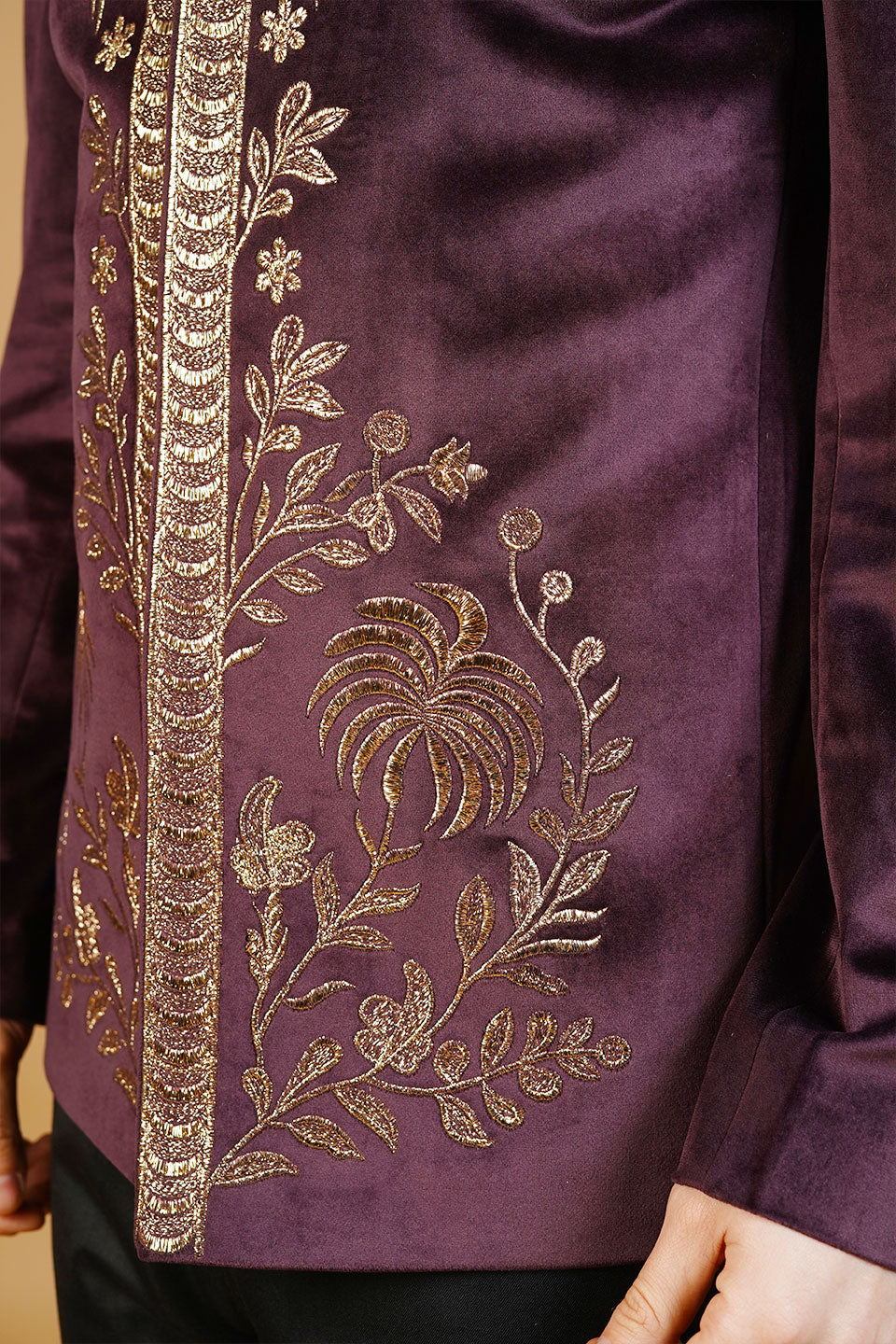 Velvet Embroidered Wine Bandhgala