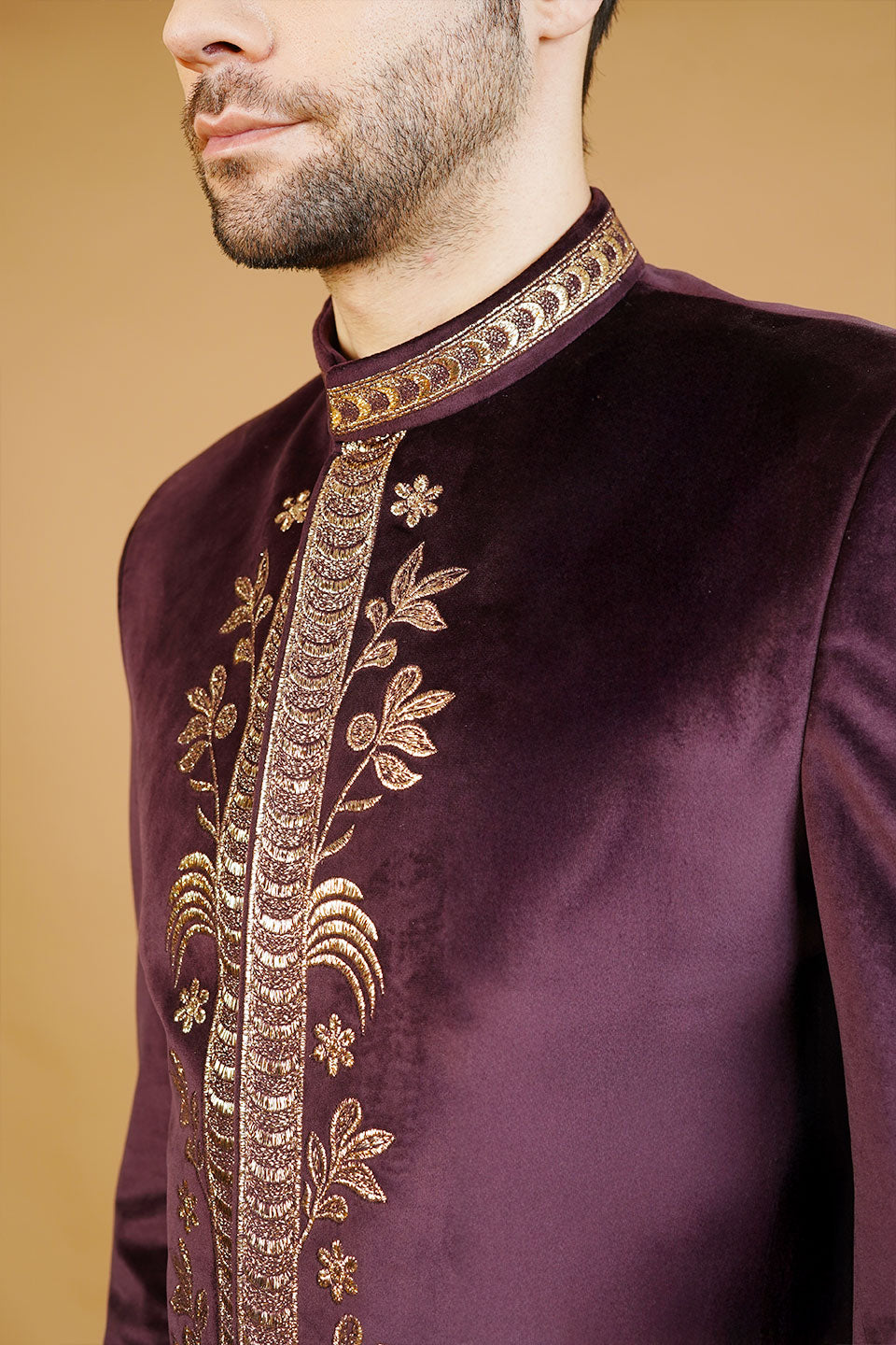 Velvet Embroidered Wine Bandhgala