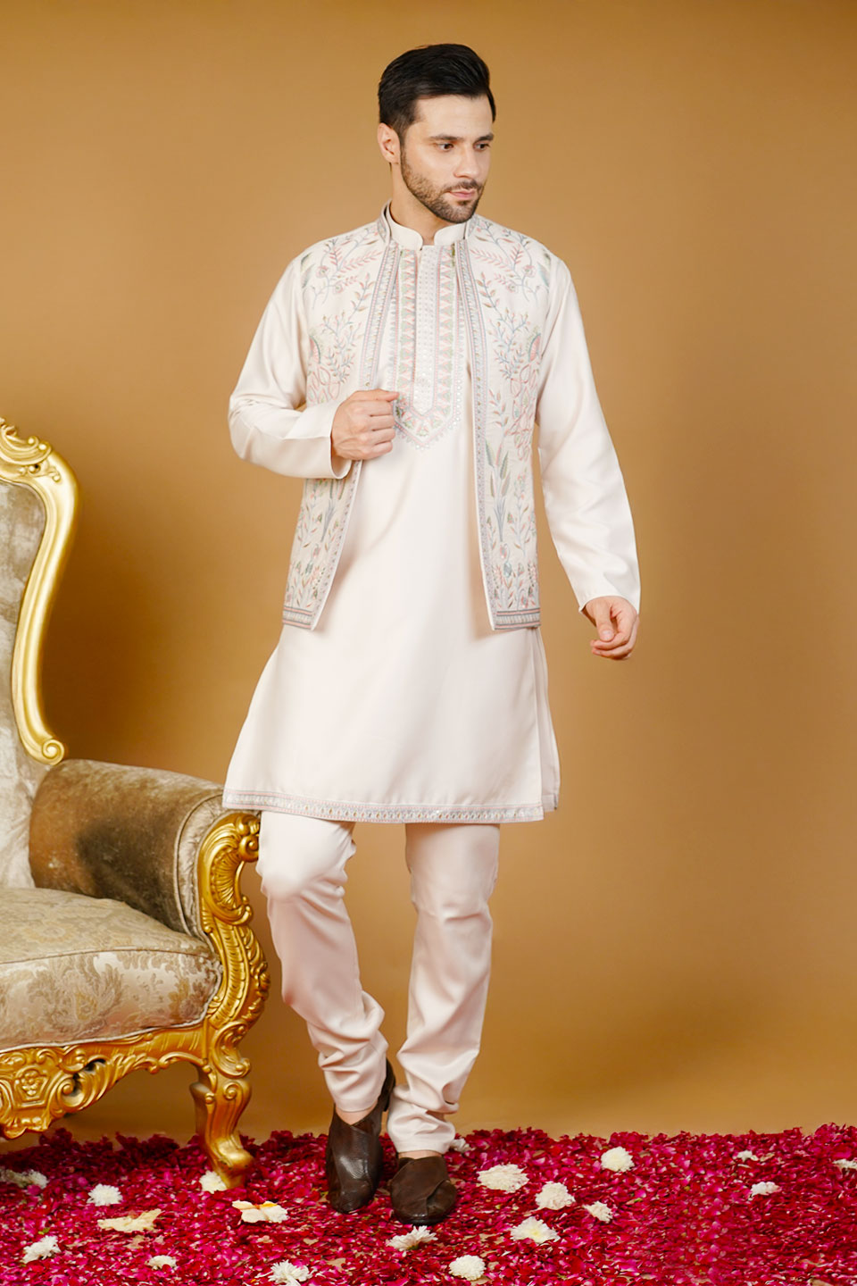 Rayon Emrbroidery Cream Kurta Set