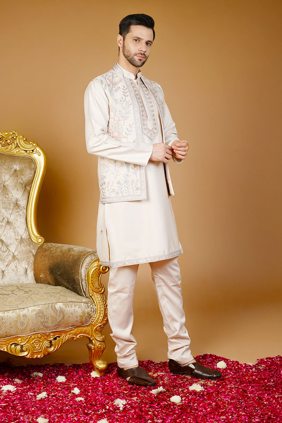 Rayon Emrbroidery Cream Kurta Set