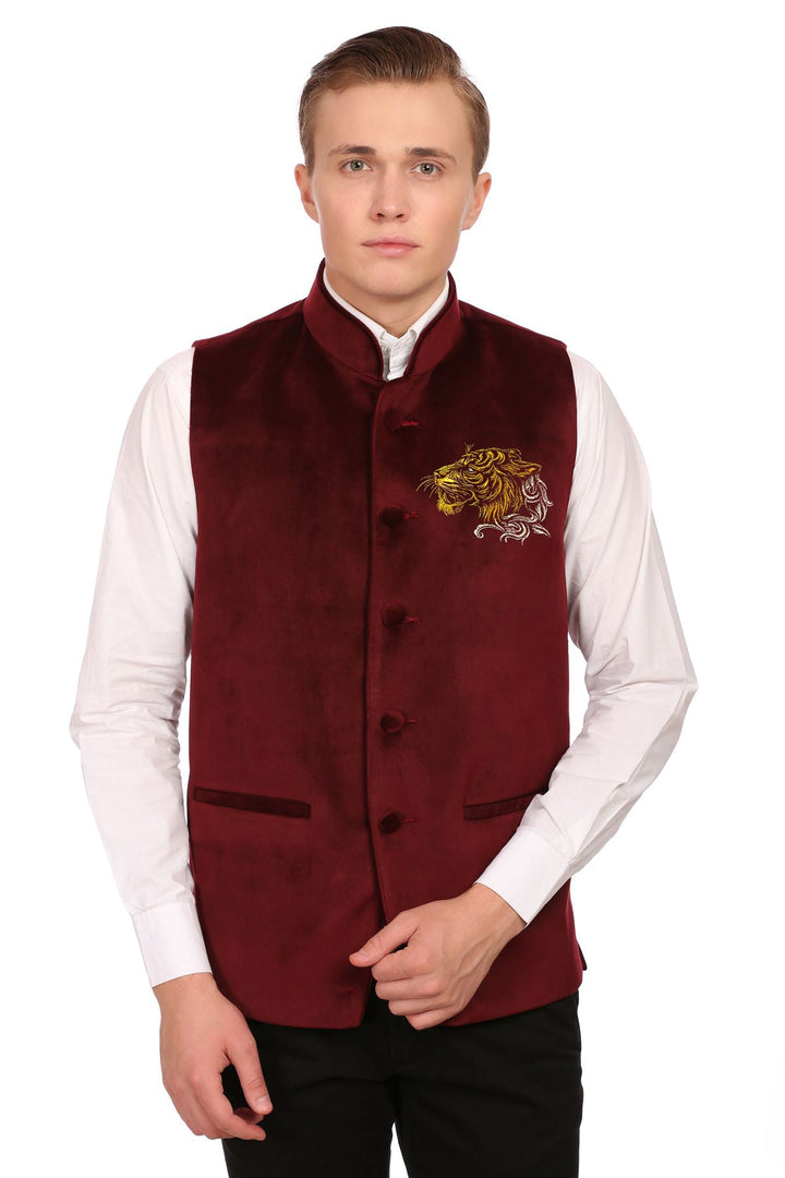 Red Velvet Nehru Jacket with Gold Embroidery