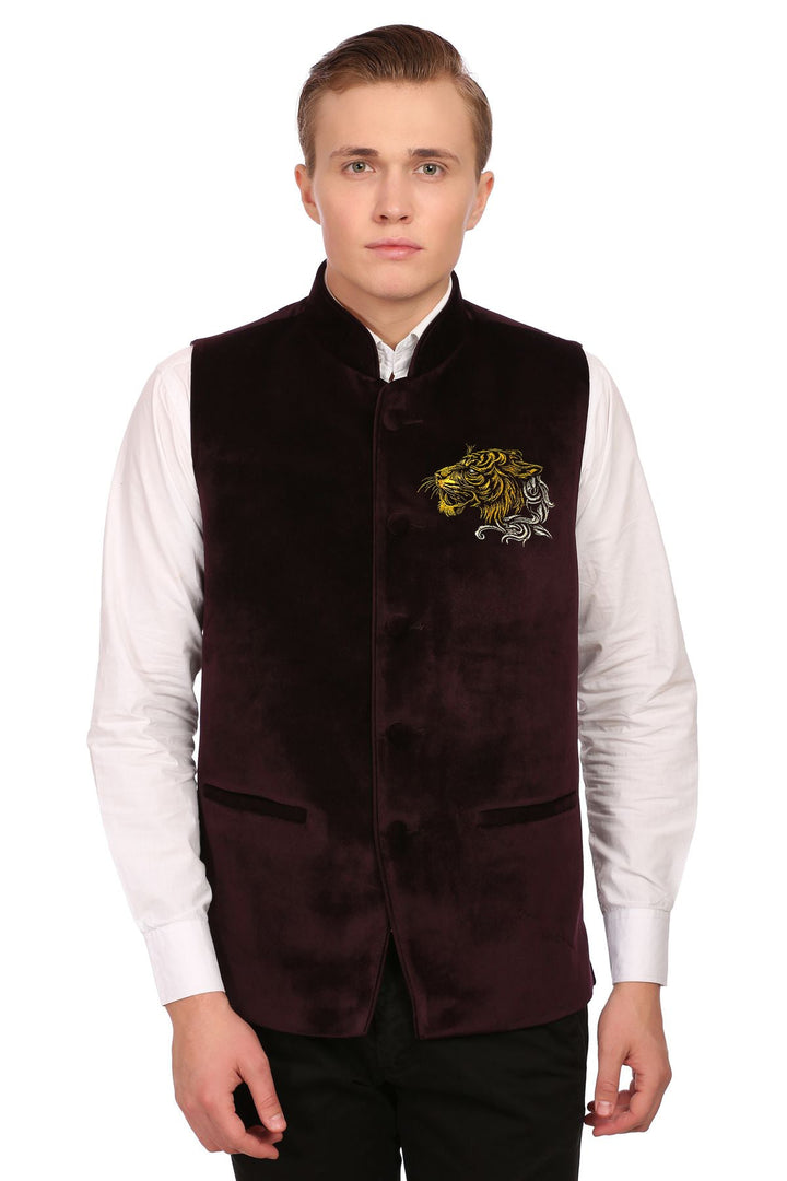 Red Velvet Nehru Jacket with Gold Embroidery