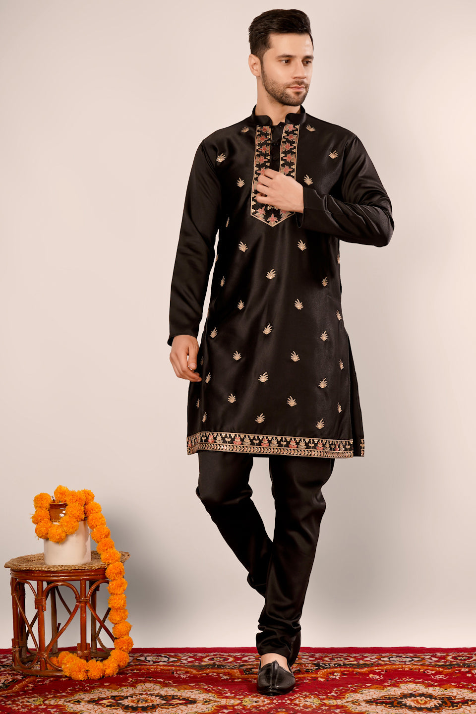 Black Self Design Kurta Indowestern Churidar Set
