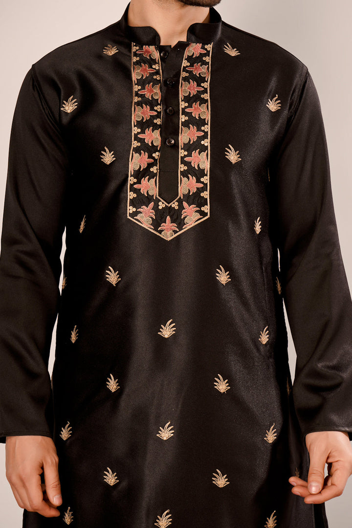 Black Self Design Kurta Indowestern Churidar Set