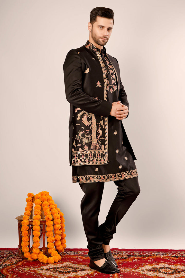 Black Self Design Kurta Indowestern Churidar Set