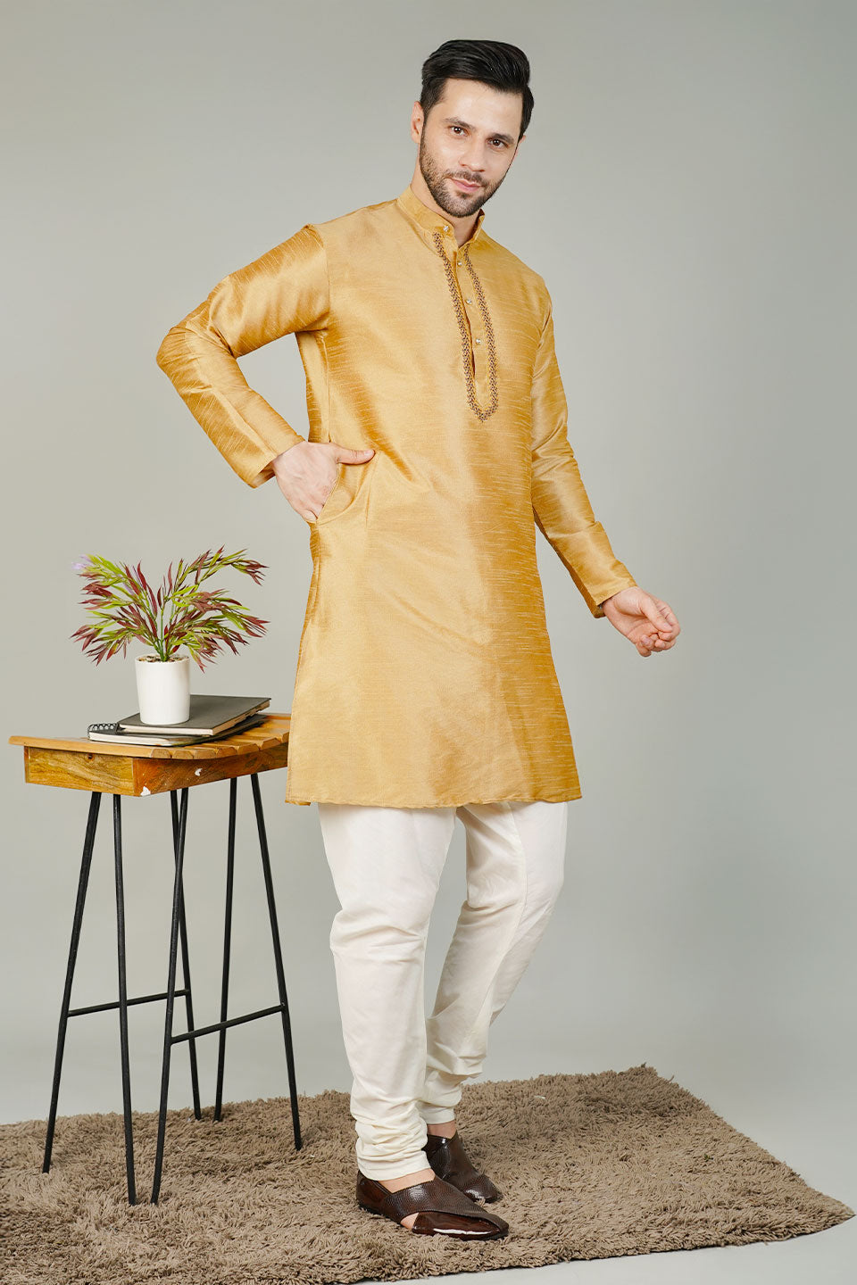 Banarasi Art Silk Gold Kurta