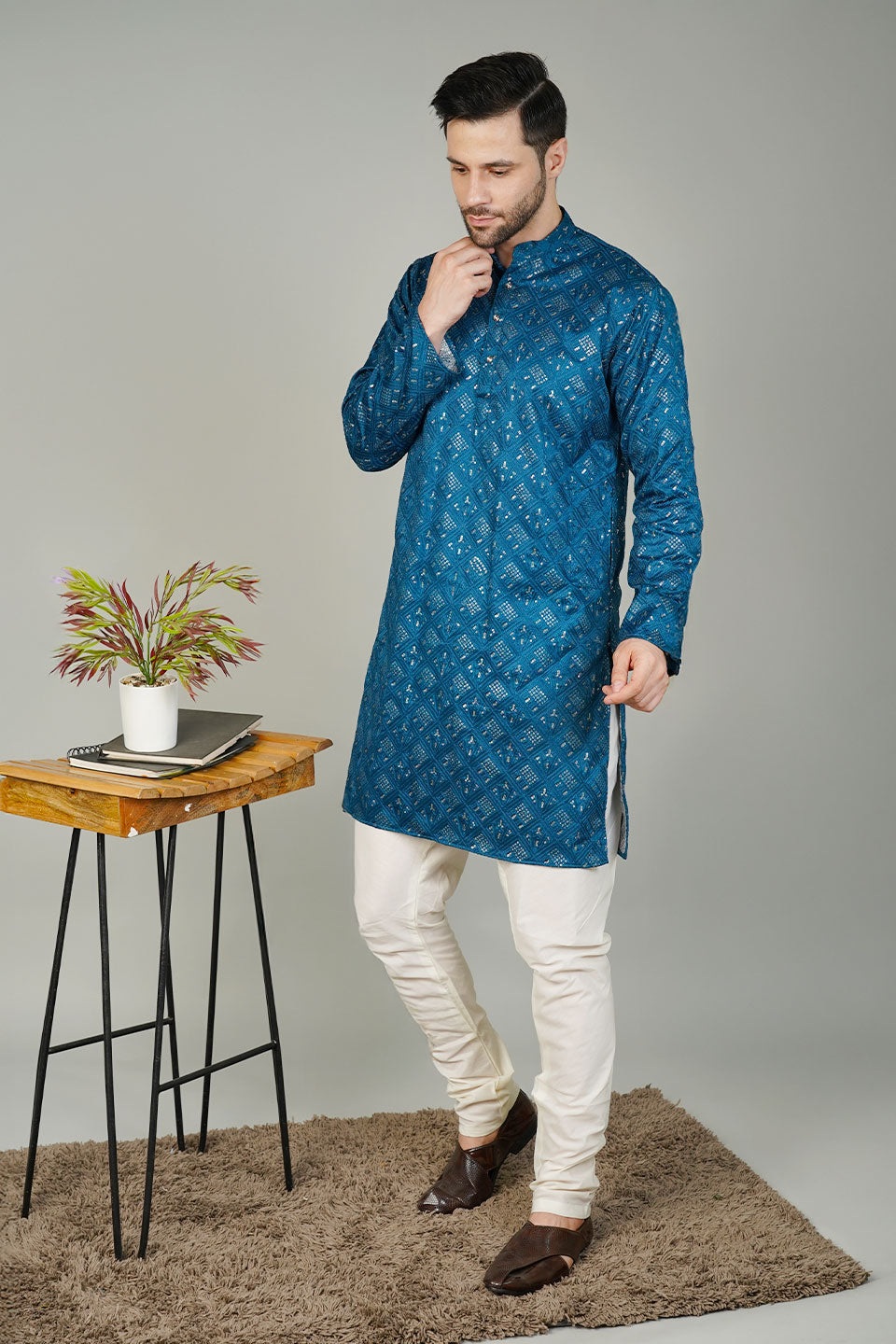 Rayon Emrbroidery Blue Kurta