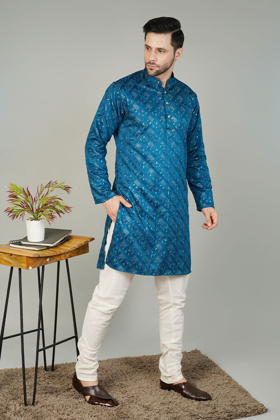 Rayon Emrbroidery Blue Kurta