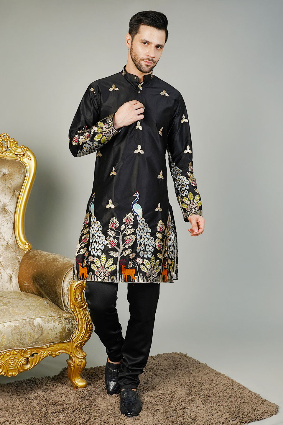 Art Silk Embroidery Black Kurta