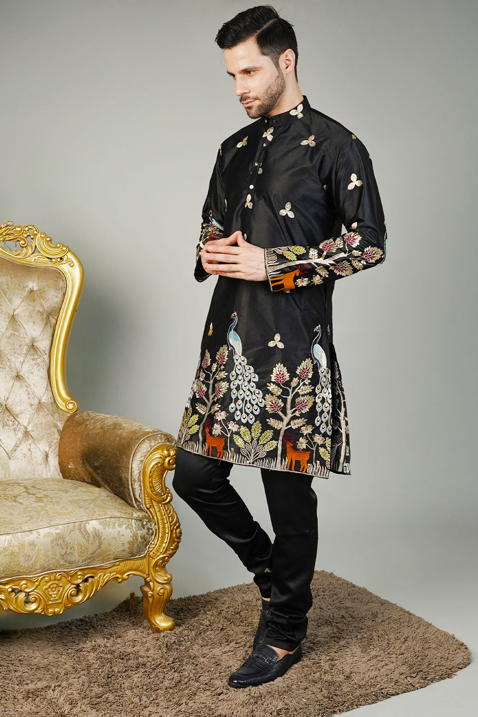 Art Silk Embroidery Black Kurta