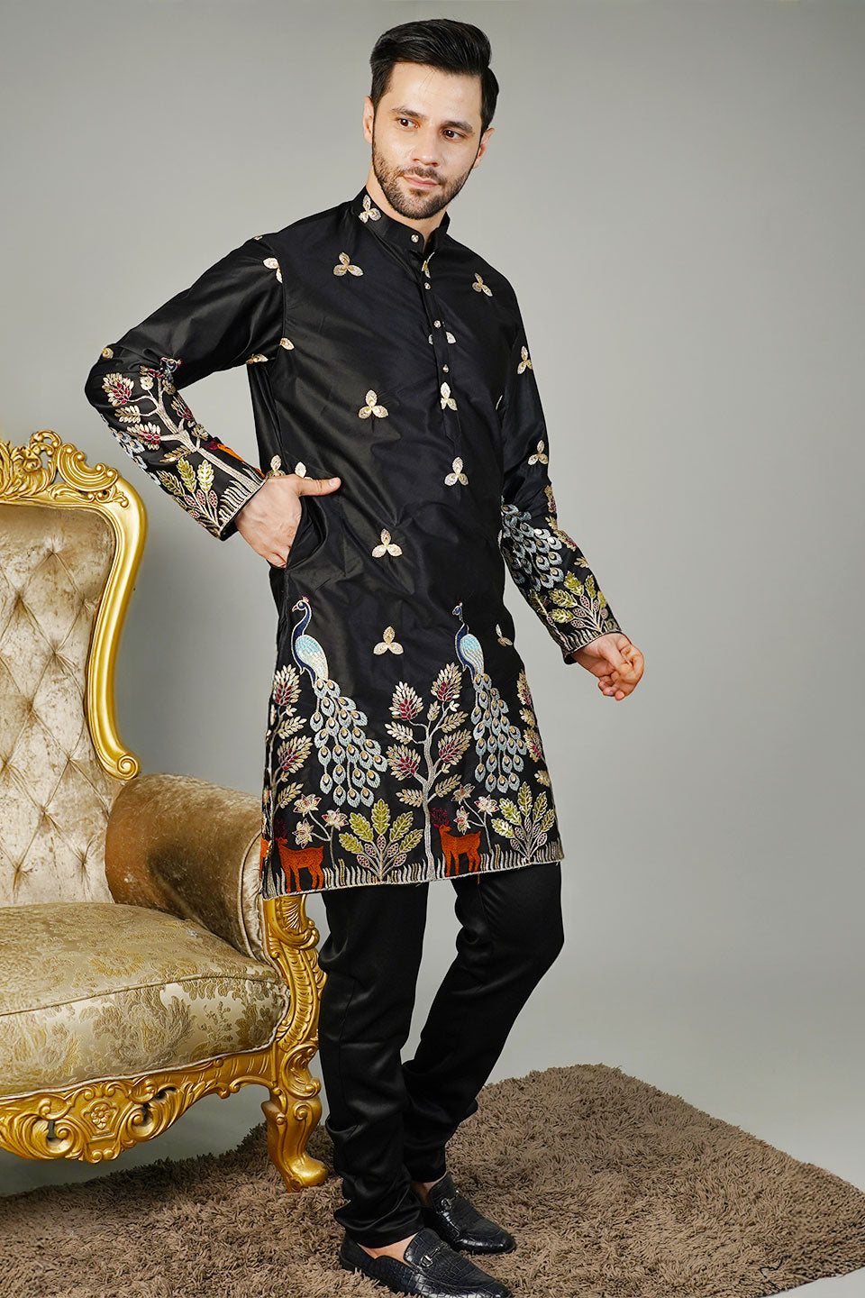 Art Silk Embroidery Black Kurta