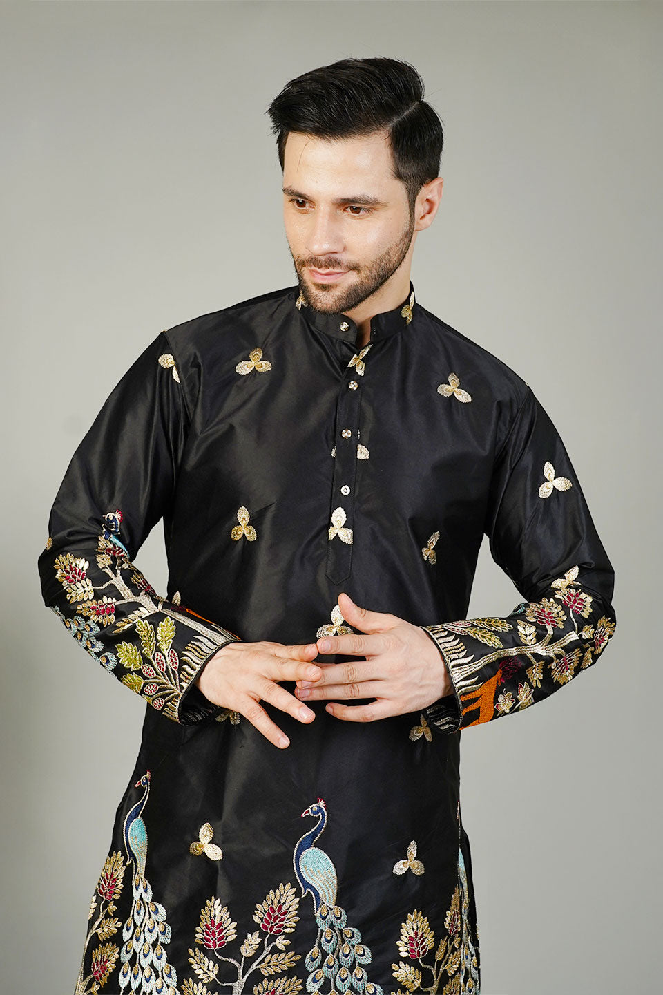 Art Silk Embroidery Black Kurta