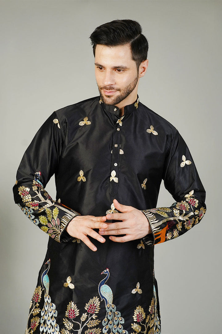 Art Silk Embroidery Black Kurta