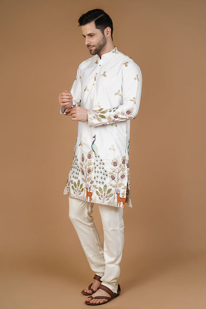 Art Silk Embroidery White Kurta