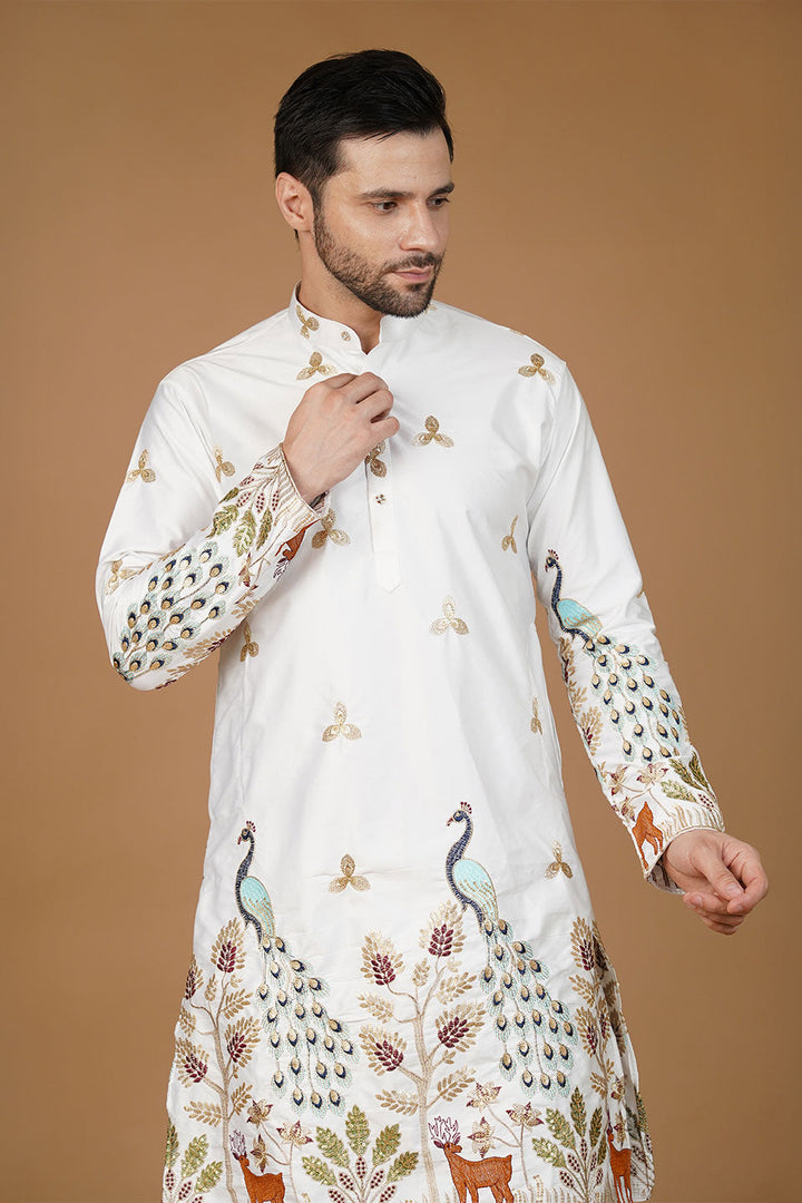 Art Silk Embroidery White Kurta
