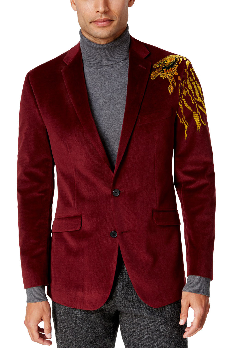 Gold Embroidered Red Velvet Blazer