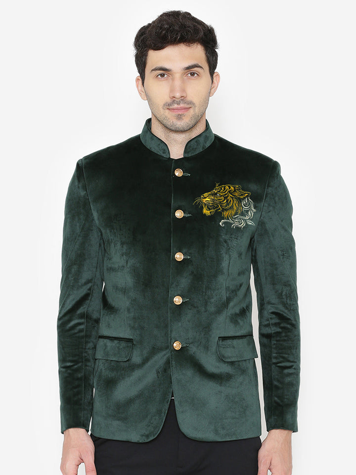 Gold Tiger-Embroidered Green Velvet Bandhgala