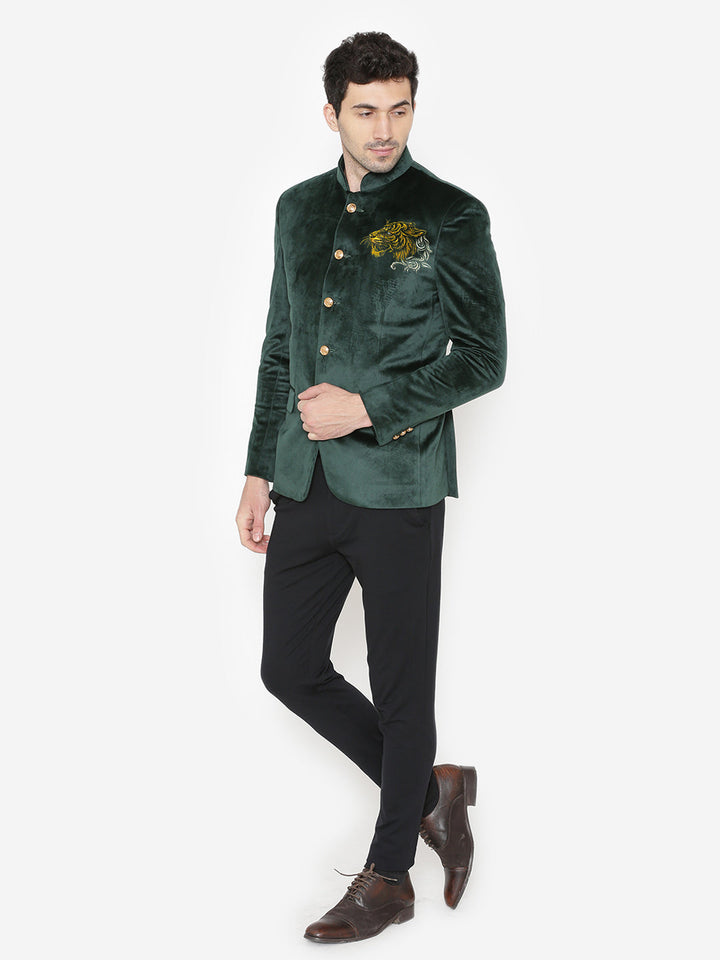 Gold Tiger-Embroidered Green Velvet Bandhgala
